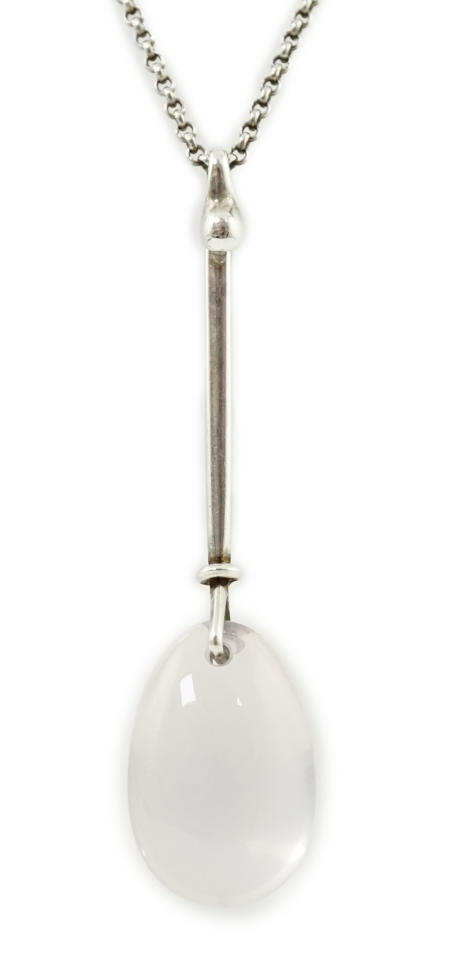 A Vivianna Torun Bülow-Hübe for Georg Jensen sterling silver and rose quartz set drop pendant, on a Georg Jensen sterling silver chain